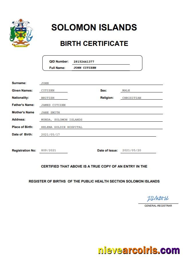 Solomon Islands vital record birth certificate